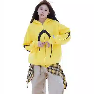 玉儿恋 美式潮牌复古时尚舒适休闲简约图案印花拉链长袖连帽卫衣 男女同款