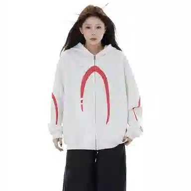 玉儿恋 美式潮牌复古时尚舒适休闲简约图案印花拉链长袖连帽卫衣 男女同款