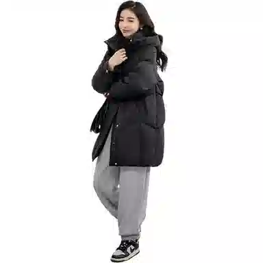 鸭鸭 简约纯色连帽拉链中长款长袖羽绒服 女款