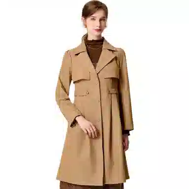 粉红玛琍 纯色中长款西装领长袖风衣 女款