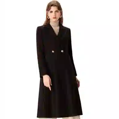 粉红玛琍 纯色中长款西装领长袖大衣 女款