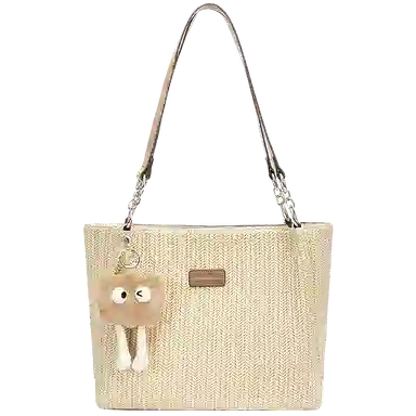 红蜻蜓 高颜值小众时尚 织物拼合成革 单肩包托特包 女款 奶杏色