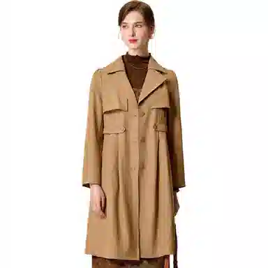 粉红玛琍 纯色中长款西装领长袖风衣 女款