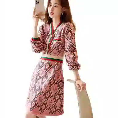 【dme】 设计感气质收腰小香风高端精致针织裙长袖连衣裙 桃红