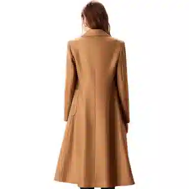 粉红玛琍 纯色中长款西装领长袖大衣 女款