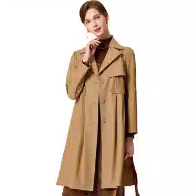 粉红玛琍 纯色中长款西装领长袖风衣 女款