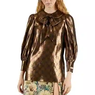 Gucci SS23 Logo Print Long Sleeve Dress Gold