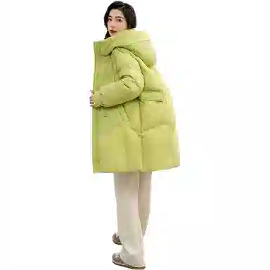 鸭鸭 简约纯色连帽拉链中长款长袖羽绒服 女款