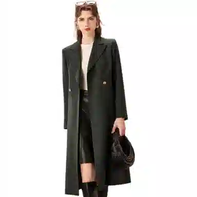 粉红玛琍 纯色中长款西装领长袖大衣 女款