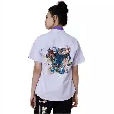 鬼洗 翻领金鱼印绣花纽扣短袖衬衫 女款