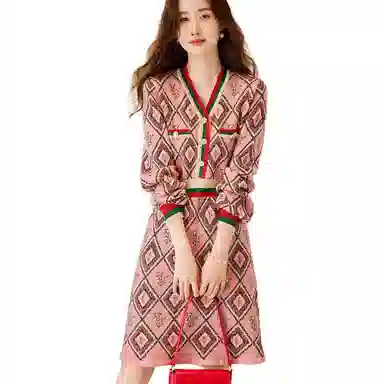 【dme】 设计感气质收腰小香风高端精致针织裙长袖连衣裙 桃红