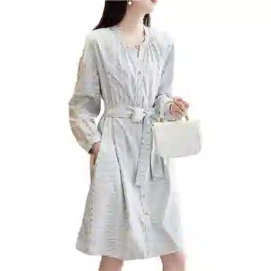 【dme】 纯色圆领单排扣休闲长袖连衣裙