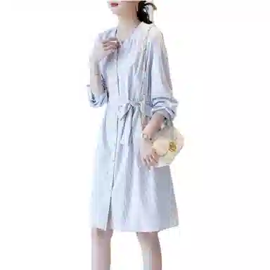 【dme】 纯色圆领单排扣休闲长袖连衣裙