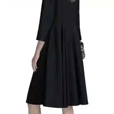 【dme】 翻领气质收腰黑色通勤七分长袖连衣裙 黑色