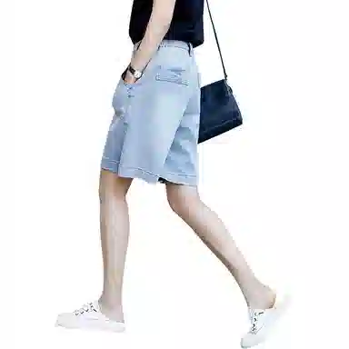 善己 纯色高腰拉链牛仔短裤 女款 蓝色