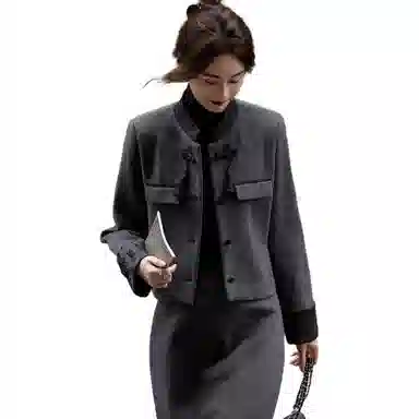 【dme】 纯色时尚半高领单排扣长袖大衣 女款 灰色