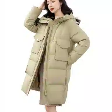 鸭鸭 纯色加厚中长款连帽拉链舒适休闲长袖羽绒服 女款