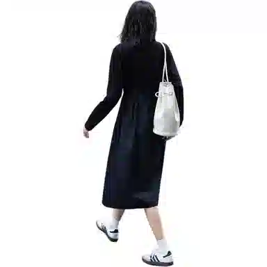 【dme】 拼接假两件圆领高腰长袖连衣裙 女款 黑色