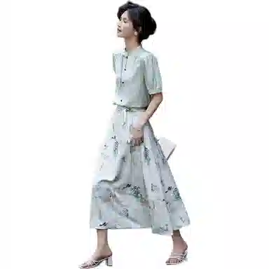 【dme】 纯色立领短袖衬衫植物花卉中长款中腰休闲长裙裙装套装 女款 淡绿