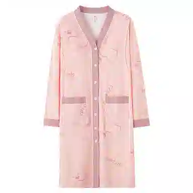 莫代尔 柔软舒适亲肤透气可调节裤腰可外穿长袖睡衣套装 女款 桃色