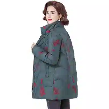 鸭鸭 植物花灰立领长袖羽绒服 女款