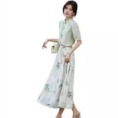 【dme】 纯色立领短袖衬衫植物花卉中长款中腰休闲长裙裙装套装 女款 淡绿