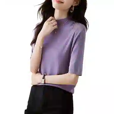 曲韩 半高领拼接纯色打底衫针织衫 女款