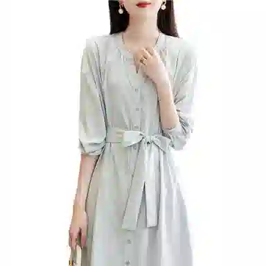 【dme】 纯色圆领单排扣休闲长袖连衣裙