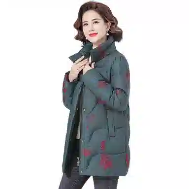 鸭鸭 植物花灰立领长袖羽绒服 女款