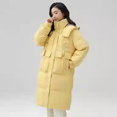 鸭鸭 中长款过膝立领连帽棋盘格撞色里衬韩版通勤时尚羽绒服 女款