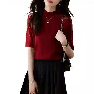 曲韩 半高领拼接纯色打底衫针织衫 女款