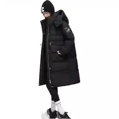 鸭鸭 中长款抽绳收腰连帽羽绒服 女款