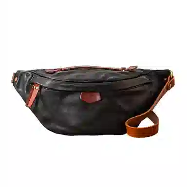 后步 小众不撞款设计时尚个性撞色百搭休闲运动日常通勤 头层牛皮 单肩斜挎胸包 男女同款情侣款 黑色