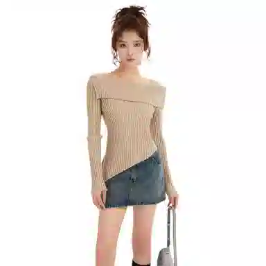 柏黛妃 纯色一字肩修身不规则短款针织衫 女款