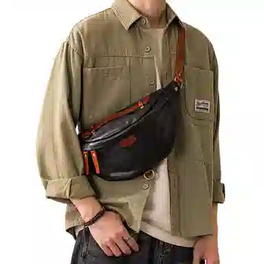 后步 小众不撞款设计时尚个性撞色百搭休闲运动日常通勤 头层牛皮 单肩斜挎胸包 男女同款情侣款 黑色