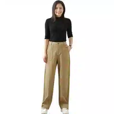 善己 高腰宽松侧条拼接休闲裤 女款 绿卡其