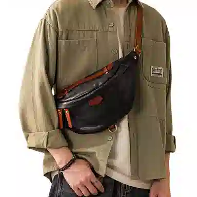 后步 小众不撞款设计时尚个性撞色百搭休闲运动日常通勤 头层牛皮 单肩斜挎胸包 男女同款情侣款 黑色