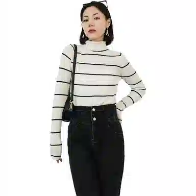 美洋 纯色条纹高领针织衫 女款