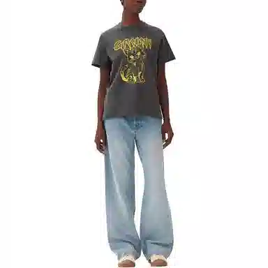 GANNI Cat Print T-Shirt Volcanic Gray