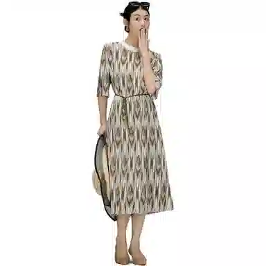 美洋 图案印花中长款短袖连衣裙