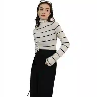 美洋 纯色条纹高领针织衫 女款