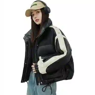 鸭鸭 拼色拉链立领短款休闲长袖羽绒服 女款