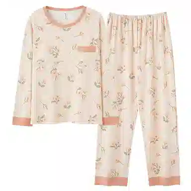 莫代尔 可外穿小清新时尚亲肤气质细腻柔软透气舒适轻盈长袖长裤隐藏式哺乳款一体式睡衣套装 女款 杏色