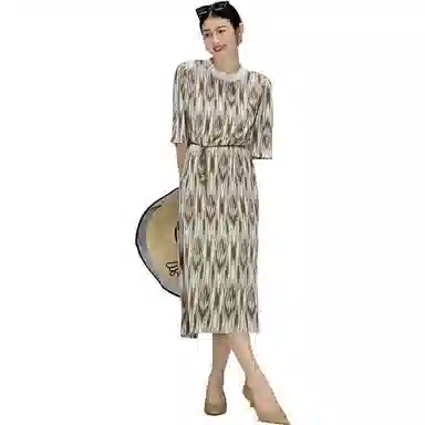 美洋 图案印花中长款短袖连衣裙