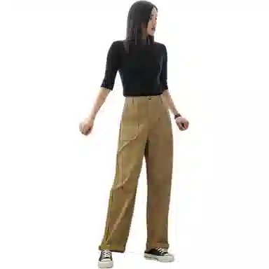 善己 高腰宽松侧条拼接休闲裤 女款 绿卡其