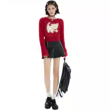 柏黛妃 动物图案小猫咪短款圆领毛衣 女款 红色