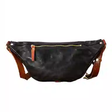 后步 小众不撞款设计时尚个性撞色百搭休闲运动日常通勤 头层牛皮 单肩斜挎胸包 男女同款情侣款 黑色