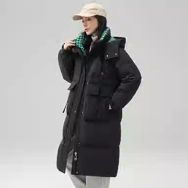 鸭鸭 中长款过膝立领连帽棋盘格撞色里衬韩版通勤时尚羽绒服 女款