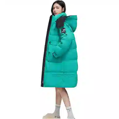 鸭鸭 中长款抽绳收腰连帽羽绒服 女款