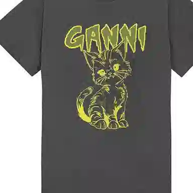 GANNI Cat Print T-Shirt Volcanic Gray